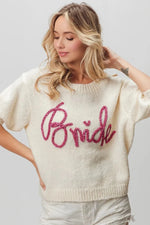 Bride-Metallic Letter Short Puff Sleeve Hairy Sweater