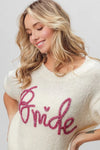 Bride-Metallic Letter Short Puff Sleeve Hairy Sweater