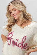 Bride-Metallic Letter Short Puff Sleeve Hairy Sweater