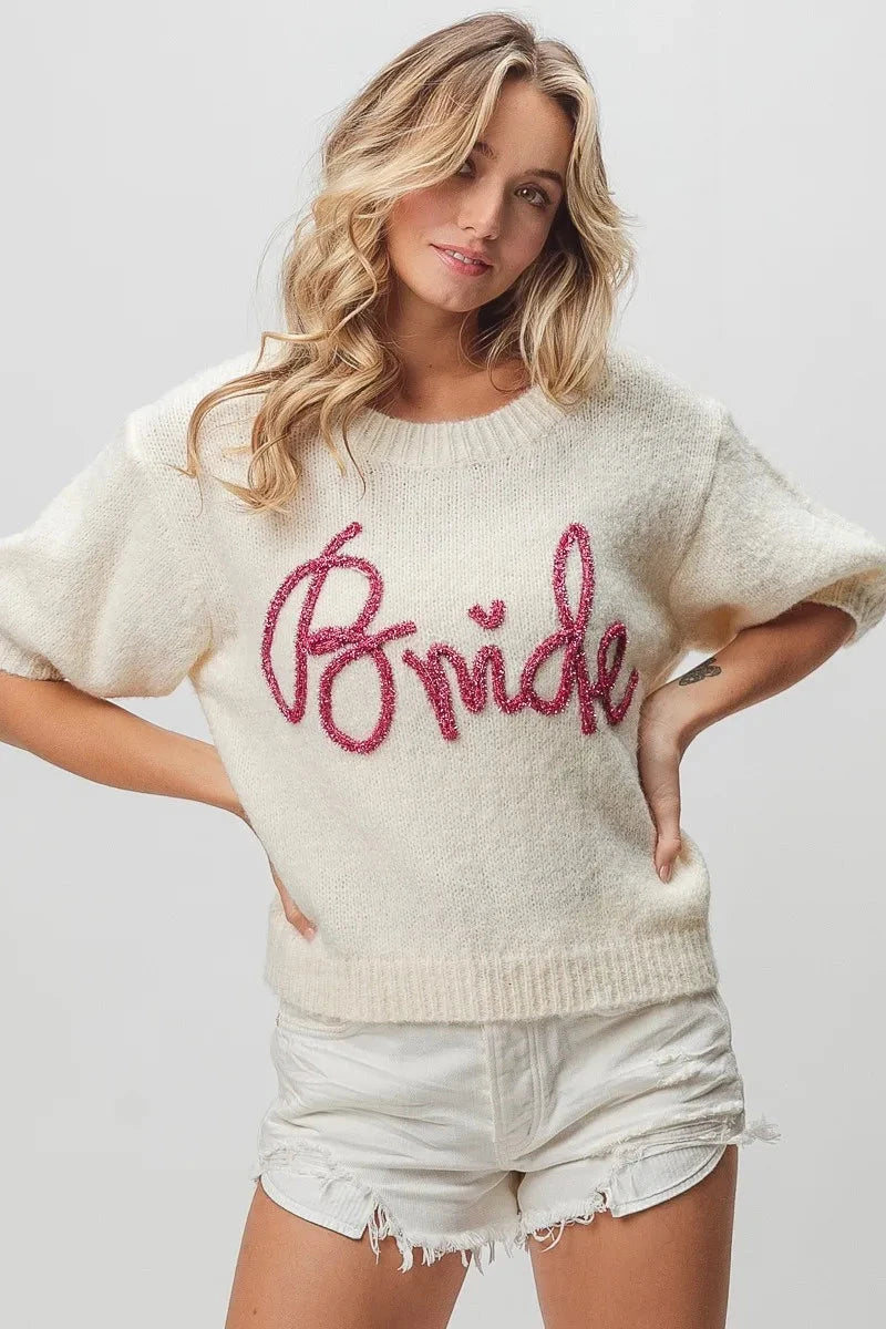 Bride-Metallic Letter Short Puff Sleeve Hairy Sweater
