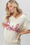 Bride-Metallic Letter Short Puff Sleeve Hairy Sweater
