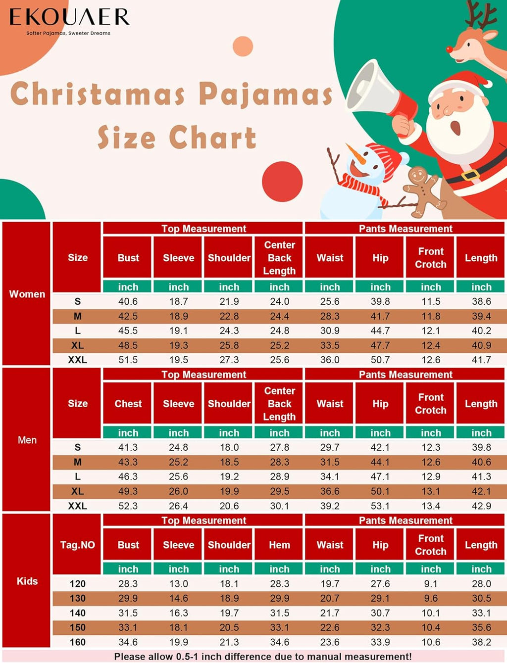 Ekouaer Family Christmas Pajamas Matching Sets Soft Long Sleeve Couple Pjs Xmas Sleepwear Holiday Lounge Set