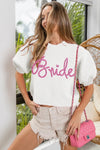 Bride-Metallic Letter Short Puff Sleeve Hairy Sweater