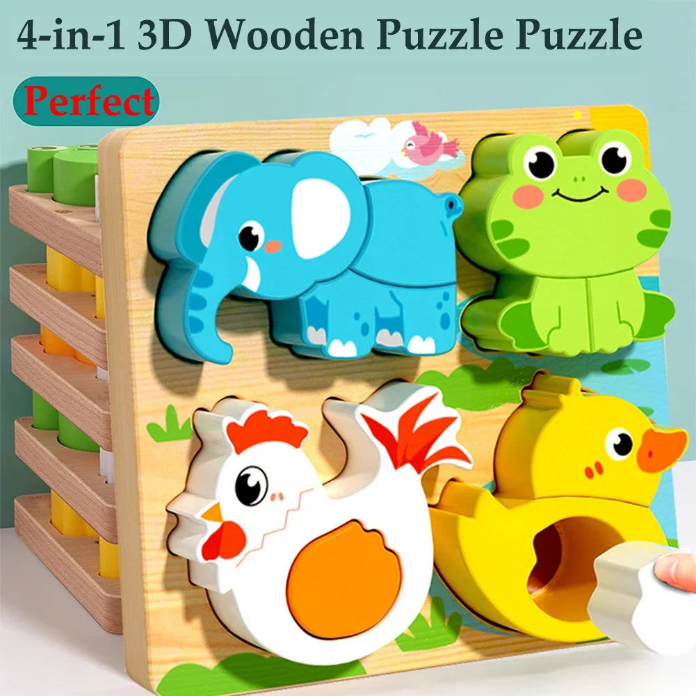 4-in-1 Wooden 3D Cartoon Animal Puzzle | Educational Toy for Kids