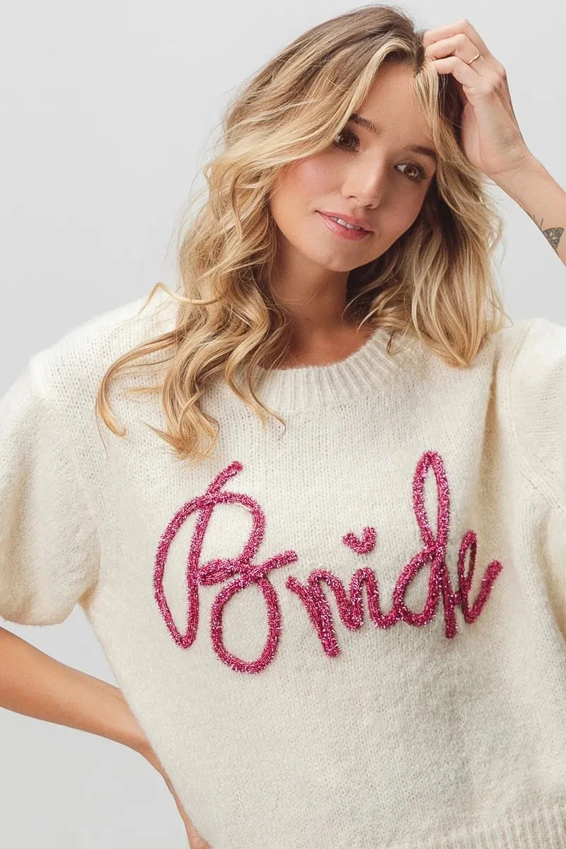 Bride-Metallic Letter Short Puff Sleeve Hairy Sweater