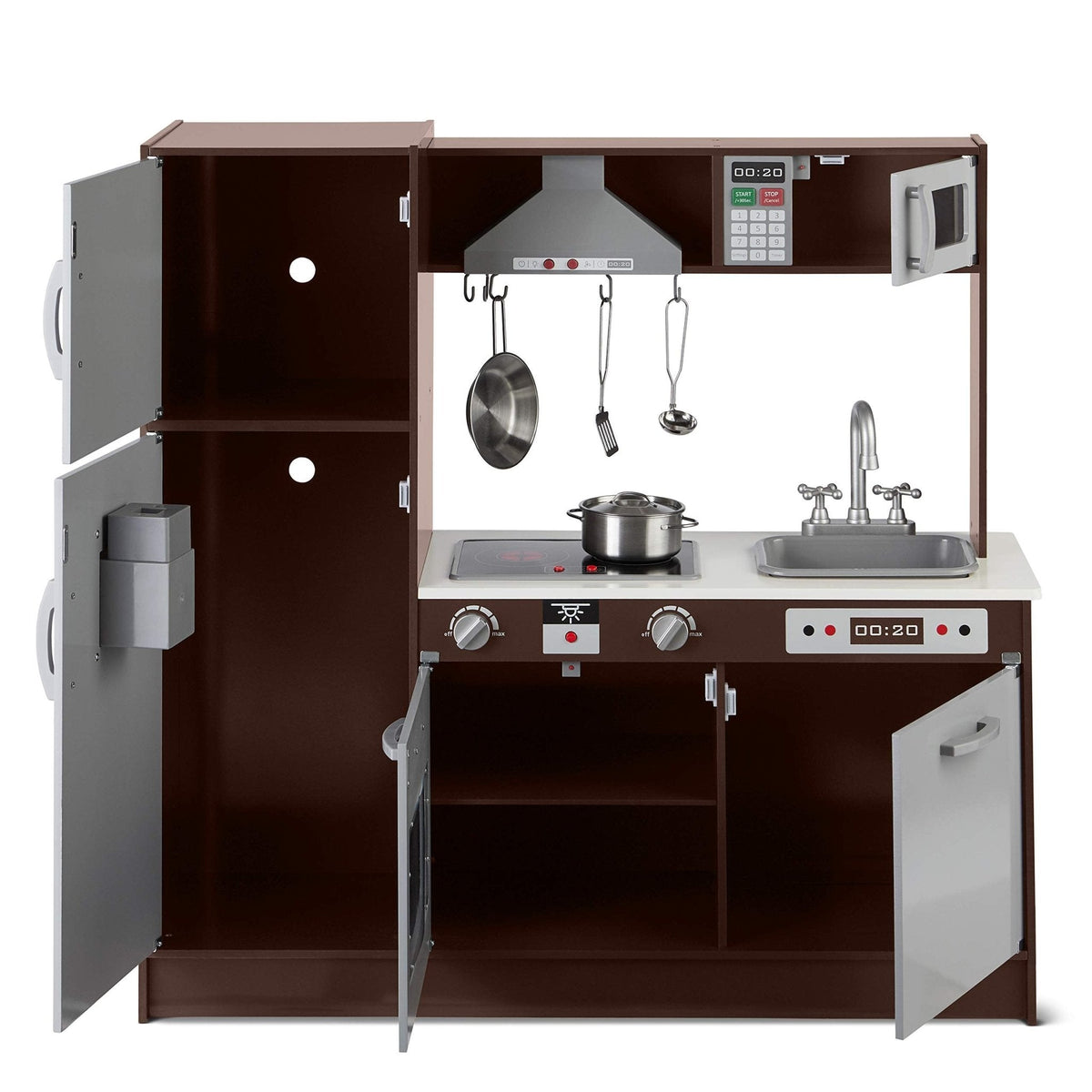 Amazon Basics Kids Corner Wooden Kitchen Toy Playset with Stove, Oven, Sink, Fridge and Accessories, for Toddlers, Preschoolers, Children Age 3+ Years, White & Gray, 39.37"L x 28.35"W x 35.04"H