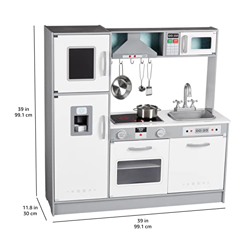 Amazon Basics Kids Corner Wooden Kitchen Toy Playset with Stove, Oven, Sink, Fridge and Accessories, for Toddlers, Preschoolers, Children Age 3+ Years, White & Gray, 39.37"L x 28.35"W x 35.04"H
