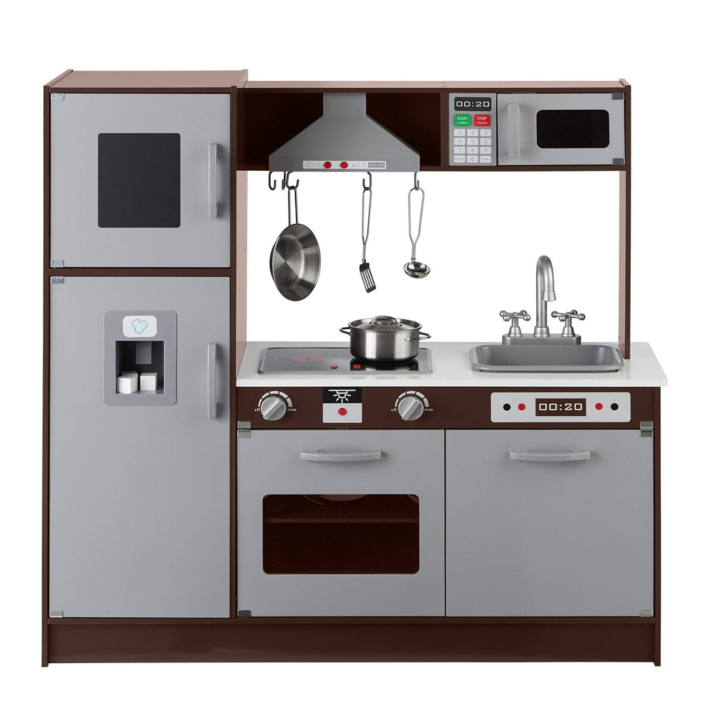 Amazon Basics Kids Corner Wooden Kitchen Toy Playset with Stove, Oven, Sink, Fridge and Accessories, for Toddlers, Preschoolers, Children Age 3+ Years, White & Gray, 39.37"L x 28.35"W x 35.04"H