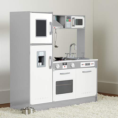 Amazon Basics Kids Corner Wooden Kitchen Toy Playset with Stove, Oven, Sink, Fridge and Accessories, for Toddlers, Preschoolers, Children Age 3+ Years, White & Gray, 39.37"L x 28.35"W x 35.04"H