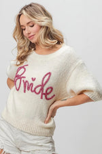Bride-Metallic Letter Short Puff Sleeve Hairy Sweater
