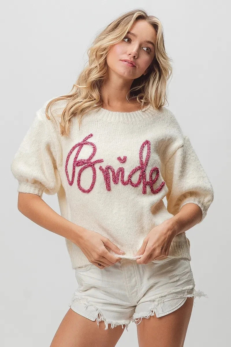 Bride-Metallic Letter Short Puff Sleeve Hairy Sweater
