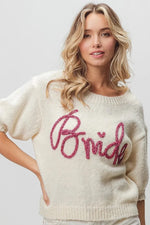 Bride-Metallic Letter Short Puff Sleeve Hairy Sweater