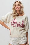Bride-Metallic Letter Short Puff Sleeve Hairy Sweater