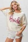 Bride-Metallic Letter Short Puff Sleeve Hairy Sweater